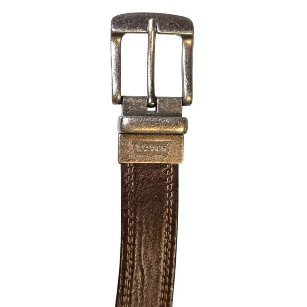 Levi’s Reversible Leather Belt Brown Black Stitched Silver Tone 2-Sided Sz 38-40